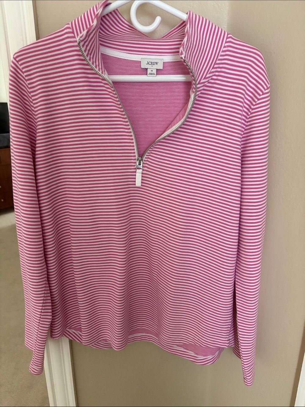 J. Crew Pink and White Striped Quarter-Zip Pullover - Picture 2 of 3